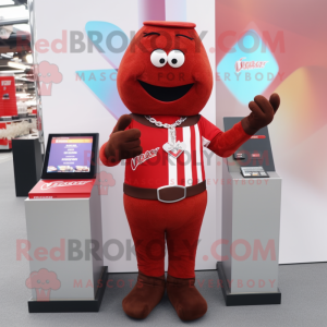 Red Chocolate Bar mascot costume character dressed with a V-Neck Tee and Bracelet watches