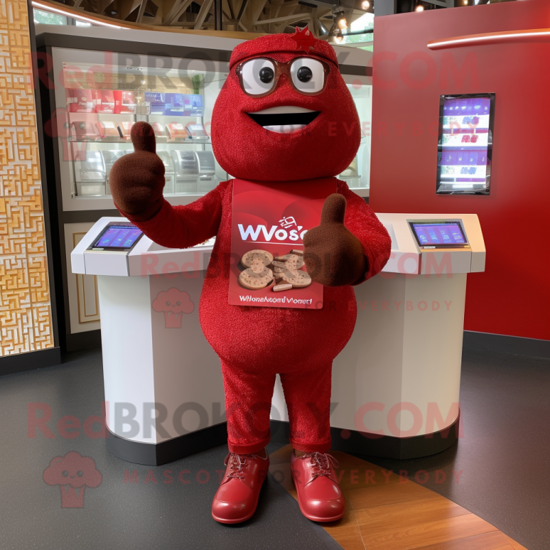 Red Chocolate Bar mascot costume character dressed with a V-Neck Tee and Bracelet watches Red Chocolate Bar mascot costume character dressed with a V-Neck Tee and Bracelet watches
