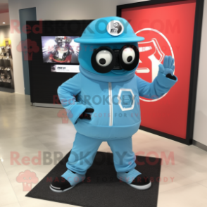 Sky Blue Camera mascot costume character dressed with a Moto Jacket and Shoe clips