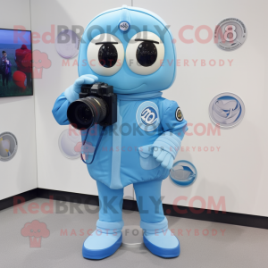Sky Blue Camera mascot costume character dressed with a Moto Jacket and Shoe clips