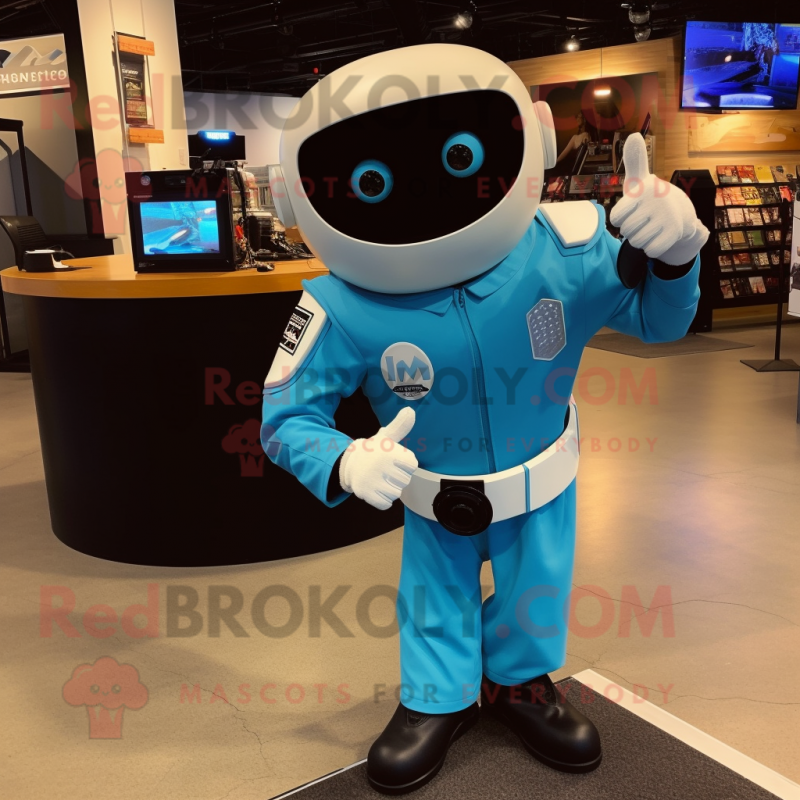 Sky Blue Camera mascot costume character dressed with a Moto Jacket and Shoe clips