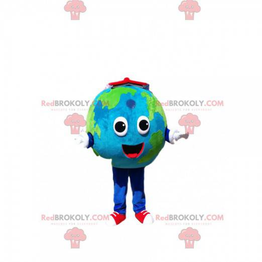 Mascot of the Earth with a huge smile and a red book -