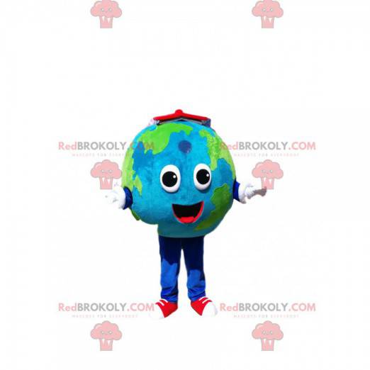 Mascotte della Terra con un enorme sorriso e un libro rosso -