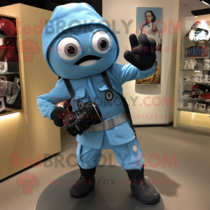 Sky Blue Camera mascot costume character dressed with a Moto Jacket and Shoe clips