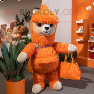 Orange Alpaca mascot costume character dressed with a Playsuit and Handbags