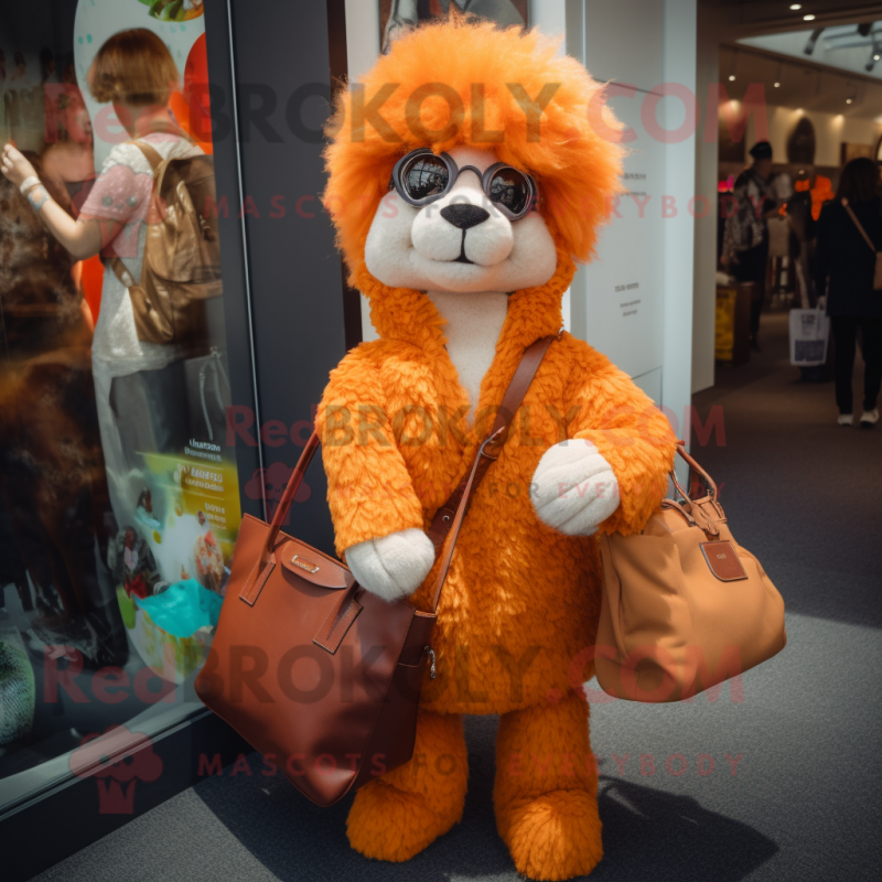 Orange Alpaca mascot costume character dressed with a Playsuit and Handbags Orange Alpaca mascot costume character dressed with a Playsuit and Handbags