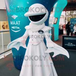 White Manta Ray mascot costume character dressed with a Empire Waist Dress and Berets