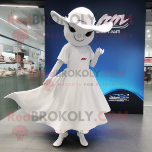 White Manta Ray mascot costume character dressed with a Empire Waist Dress and Berets