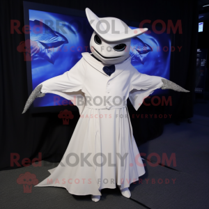 White Manta Ray mascot costume character dressed with a Empire Waist Dress and Berets