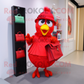 Red Canary mascot costume character dressed with a Midi Dress and Clutch bags