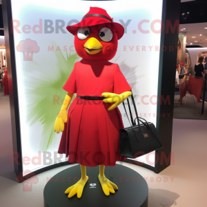 Red Canary mascot costume character dressed with a Midi Dress and Clutch bags