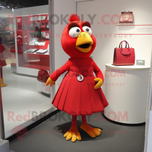 Red Canary mascot costume character dressed with a Midi Dress and Clutch bags