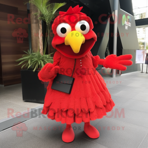 Red Canary mascot costume character dressed with a Midi Dress and Clutch bags