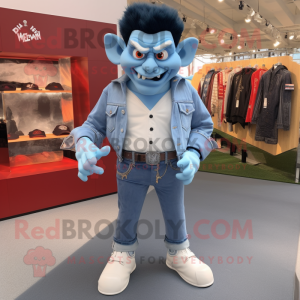 Sky Blue Vampire mascot costume character dressed with a Denim Shorts and Cufflinks