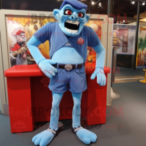 Sky Blue Vampire mascot costume character dressed with a Denim Shorts and Cufflinks