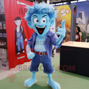 Sky Blue Vampire mascot costume character dressed with a Denim Shorts and Cufflinks