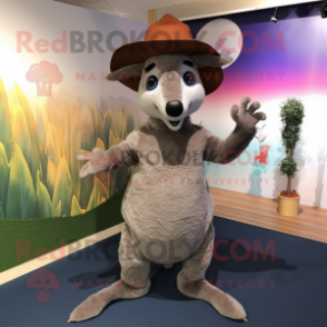 Gray Kangaroo mascot costume character dressed with a Maxi Skirt and Hats