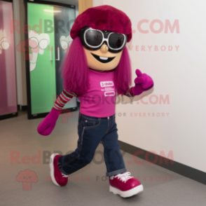 Magenta Irish Dancing Shoes mascot costume character dressed with a Bootcut Jeans and Sunglasses