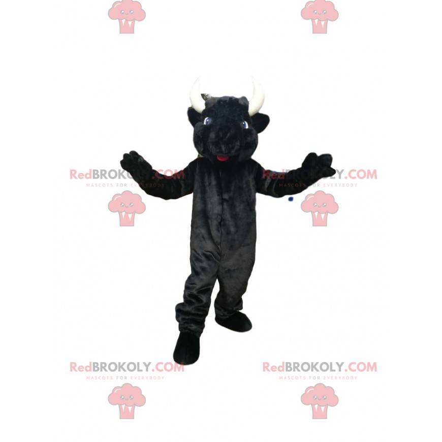 Zwarte koe mascotte met mooie hoorns en blauwe ogen -