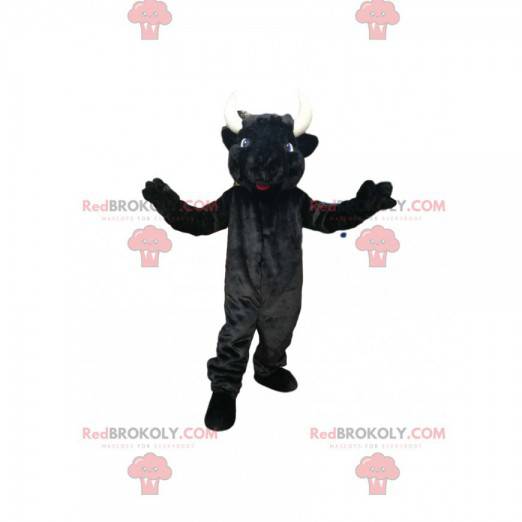 Black cow mascot with beautiful horns and blue eyes -