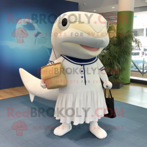 Cream Humpback Whale mascot costume character dressed with a Sheath Dress and Coin purses
