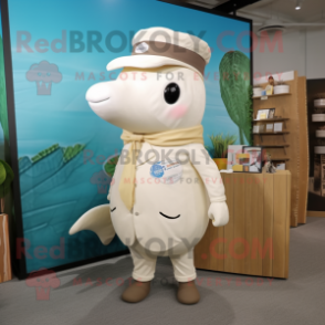 Cream Humpback Whale mascot costume character dressed with a Sheath Dress and Coin purses