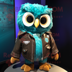 Turquoise Owl mascot costume character dressed with a Leather Jacket and Scarf clips