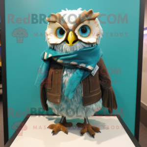 Turquoise Owl mascot costume character dressed with a Leather Jacket and Scarf clips