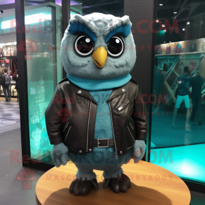 Turquoise Owl mascot costume character dressed with a Leather Jacket and Scarf clips