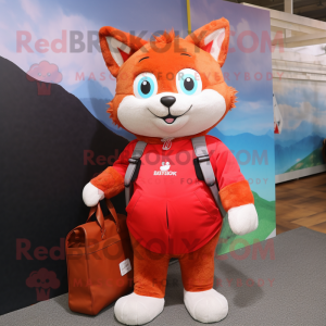 Red Cat mascot costume character dressed with a Vest and Tote bags