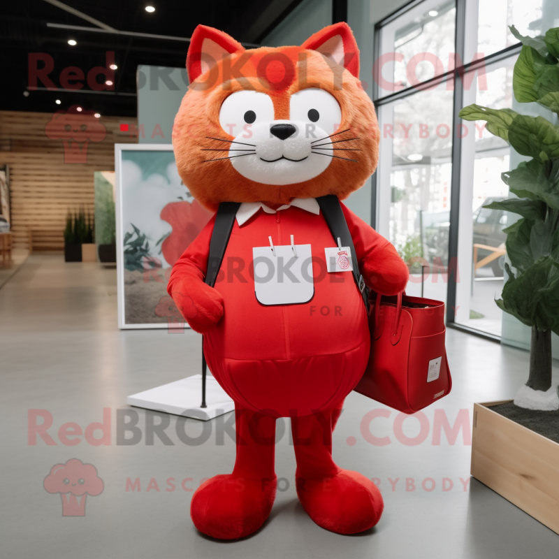 Red Cat mascot costume character dressed with a Vest and Tote bags
