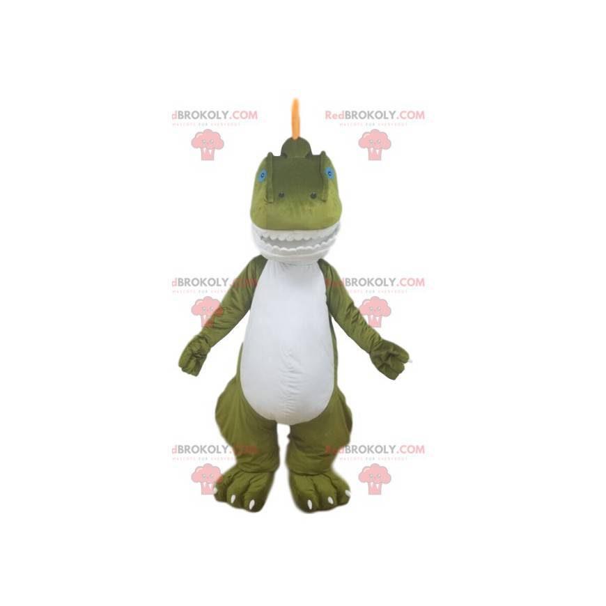 Mascota dinosaurio verde y blanco con bonitos dientes -