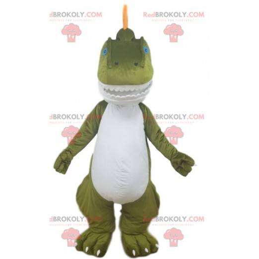 Mascota dinosaurio verde y blanco con bonitos dientes -