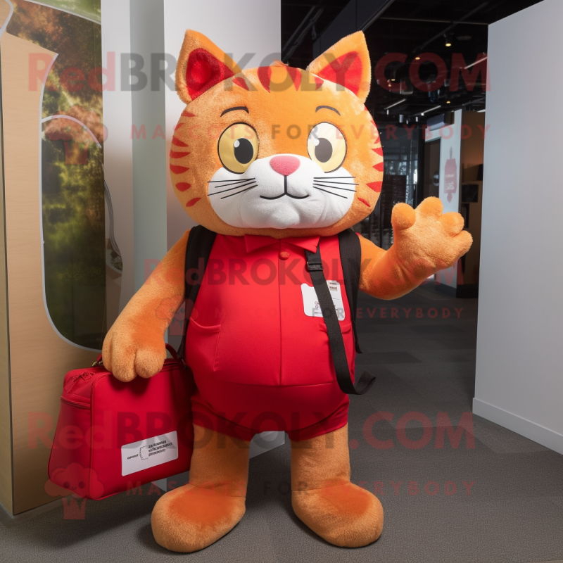 Red Cat mascot costume character dressed with a Vest and Tote bags Red Cat mascot costume character dressed with a Vest and Tote bags