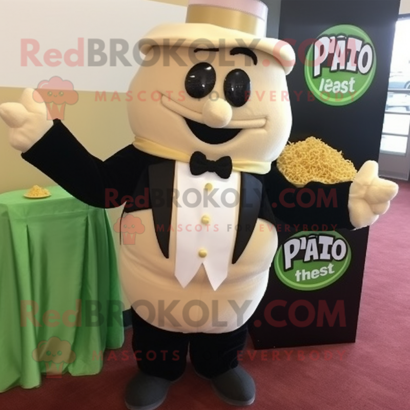 Tan Pesto Pasta mascot costume character dressed with a Tuxedo and Keychains Tan Pesto Pasta mascot costume character dressed with a Tuxedo and Keychains
