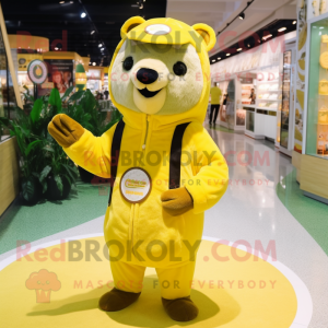 Lemon Yellow Otter mascot costume character dressed with a Hoodie and Coin purses