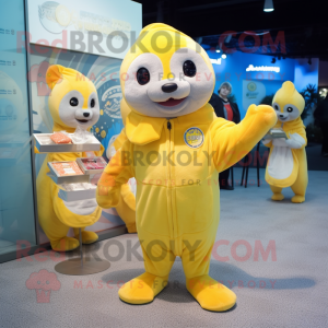 Lemon Yellow Otter mascot costume character dressed with a Hoodie and Coin purses