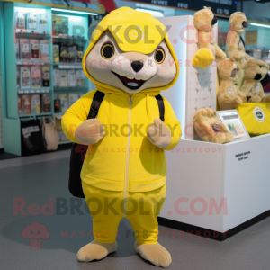 Lemon Yellow Otter mascot costume character dressed with a Hoodie and Coin purses