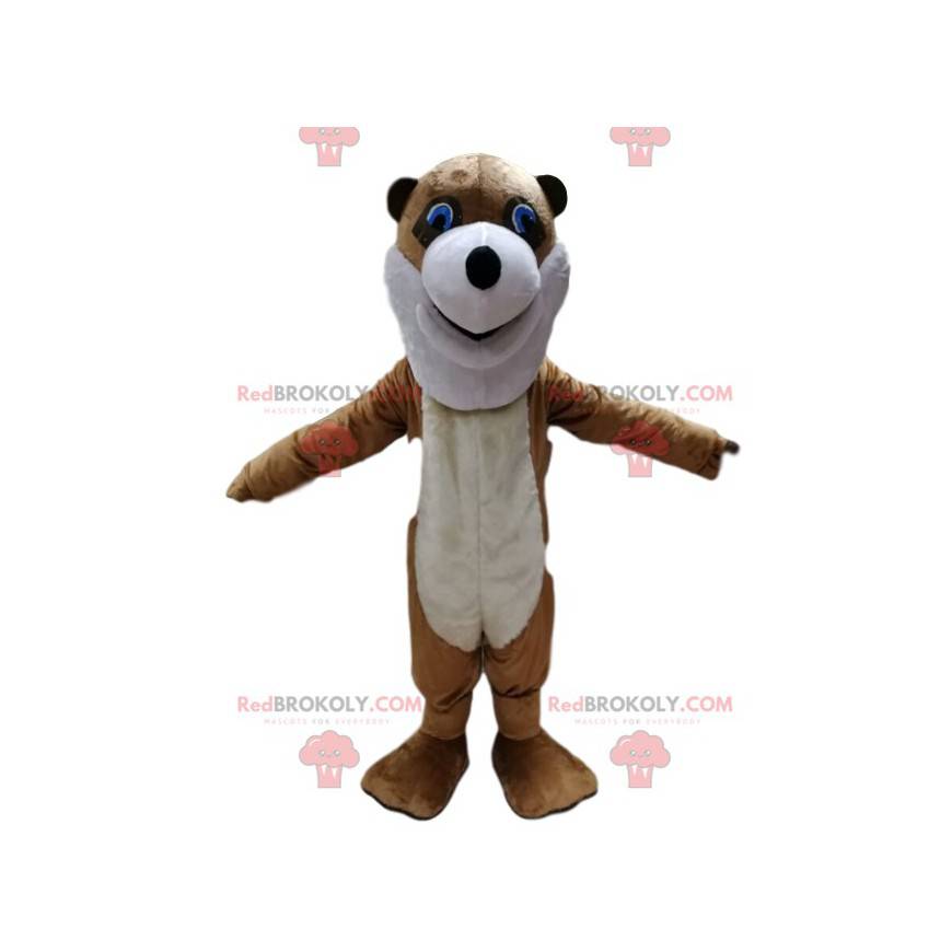 Mascote de urso marrom e branco com uma cabeça muito engraçada