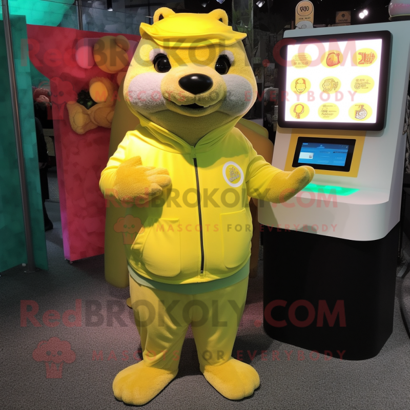 Lemon Yellow Otter mascot costume character dressed with a Hoodie and Coin purses