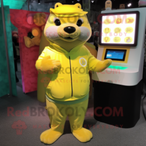 Lemon Yellow Otter mascot costume character dressed with a Hoodie and Coin purses