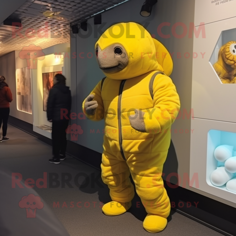 Lemon Yellow Glyptodon mascot costume character dressed with a Jumpsuit and Mittens Lemon Yellow Glyptodon mascot costume character dressed with a Jumpsuit and Mittens