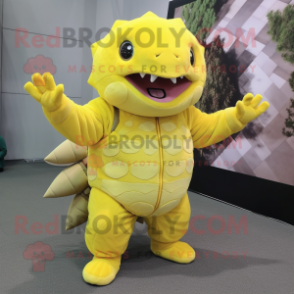 Lemon Yellow Glyptodon mascot costume character dressed with a Jumpsuit and Mittens