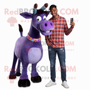 Purple Okapi mascot costume character dressed with a Boyfriend Jeans and Rings