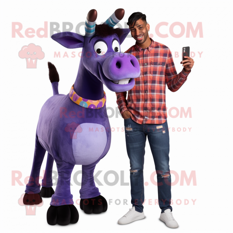 Purple Okapi mascot costume character dressed with a Boyfriend Jeans and Rings