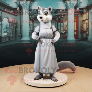 Gray Marten mascot costume character dressed with a Empire Waist Dress and Foot pads