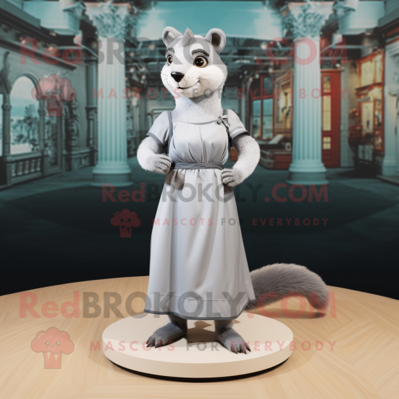 Gray Marten mascot costume character dressed with a Empire Waist Dress and Foot pads Gray Marten mascot costume character dressed with a Empire Waist Dress and Foot pads