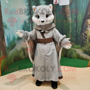 Gray Marten mascot costume character dressed with a Empire Waist Dress and Foot pads