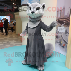 Gray Marten mascot costume character dressed with a Empire Waist Dress and Foot pads