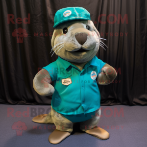 Teal Sea Lion mascot costume character dressed with a Cargo Pants and Hats